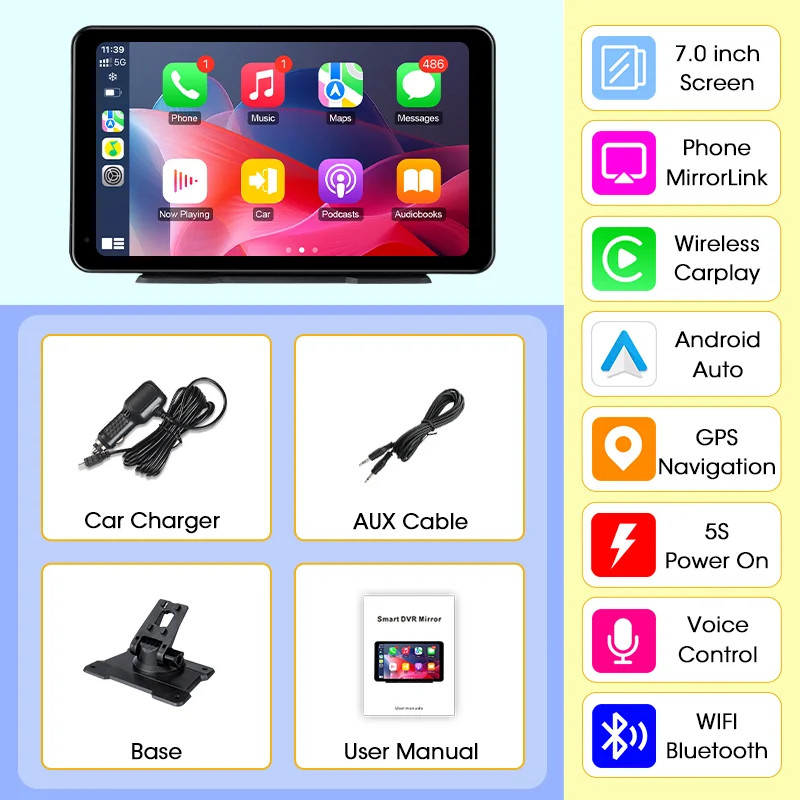 Autoradio Portatile Wireless CarPlay Auto Android Auto Stereo Display Touch GPS - Miniatura 7