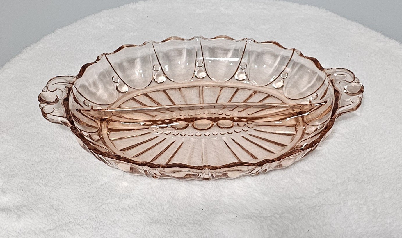 Vintage Pink Depression Glass Divided Scalloped Relish Serving Dish
