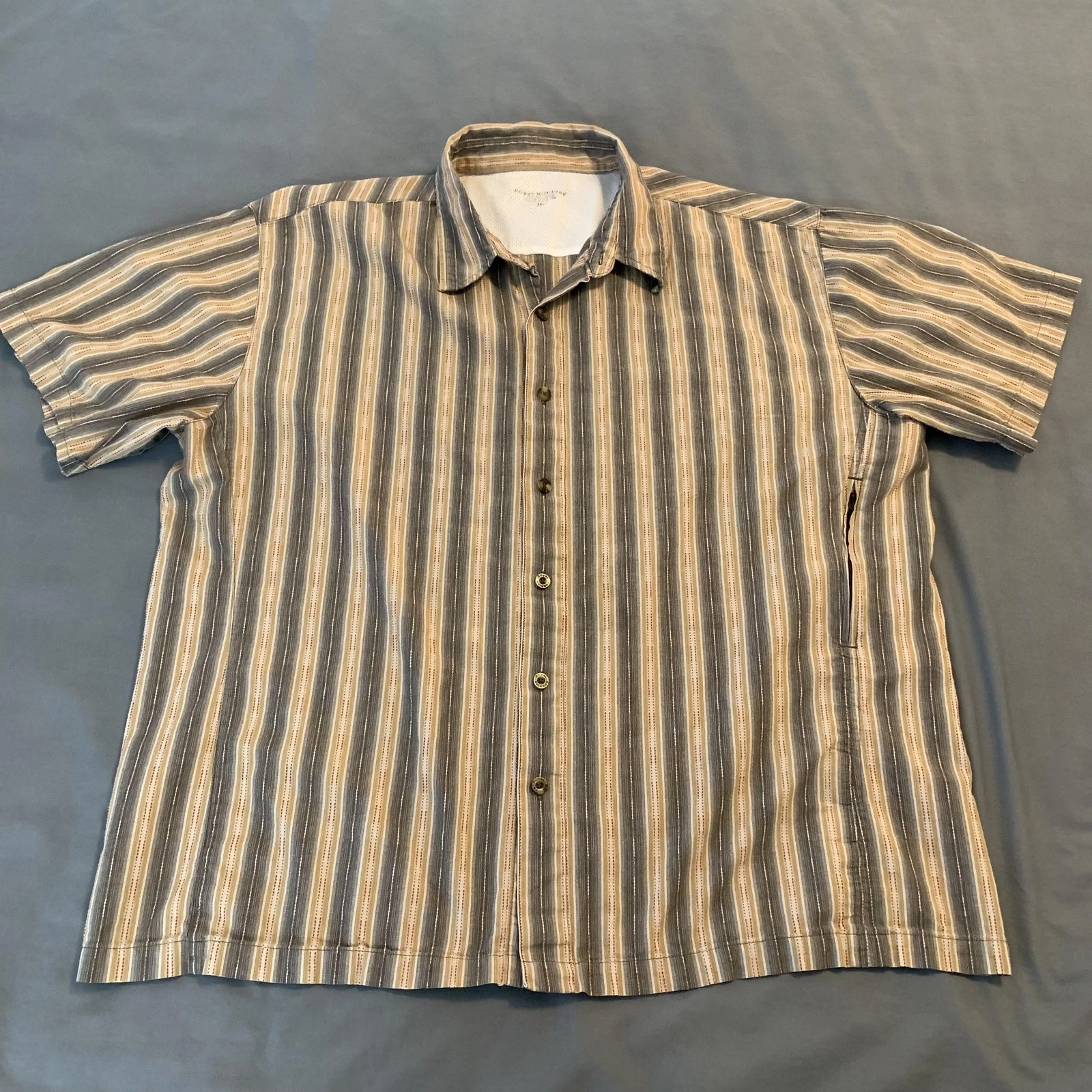 Royal Robbins Shirt Mens 2XL Gray Tan Stripe 3XDRY Cotton Button Front Hiking