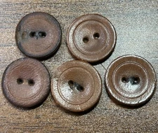 Buttons 5 Brown Leather  2-hole flat round 3/4" shirts blouses crafts VTG