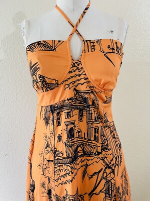 Shein Maxi Dress Women Halter Backless City Print Orange Dress Size M