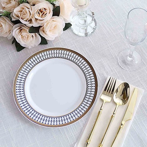 10 WHITE 9" Round Plastic Salad PLATES NAVY BLUE Chord Rim Party Decorations - 第 5/8 張圖片