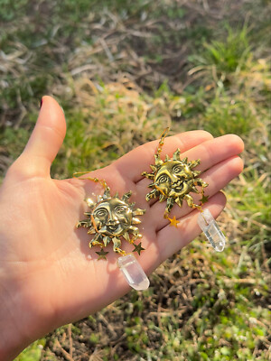 Celeste Moon, Sun, Stars, and Raw Quartz Earrings