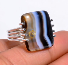 Black Banded Agate Ring 925 Sterling Silver Handmade Statement Boho Ring Jewelry