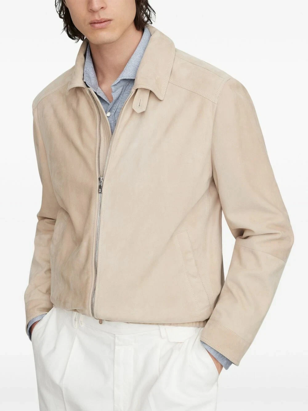 Men Beige Pure Suede Leather Jacket Slim Fit Trucker Jacket Custom Size S M L XL