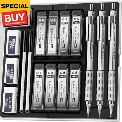 3 Pack Blocky Gear 0.5 mm Metal Mechanical Pencils Set with Case, Lead Drafting
