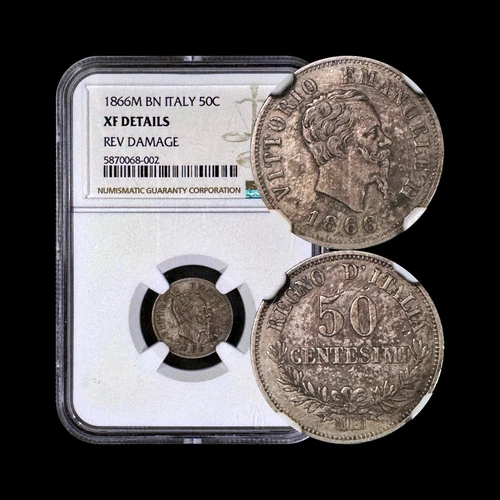 ITALY. 1866, 50 Centesimi, Silver, M - NGC XF - VEII, Laurel, Milan, Key Date