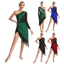 Women Dance Dress Tango Costume Contrast Color Dancewear One Shoulder Outfit