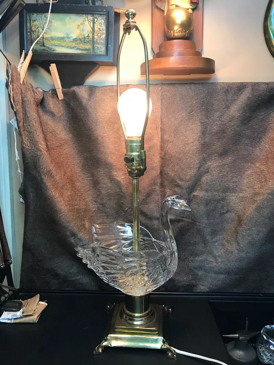 Vintage Cut Glass Crystal Swan Table Lamp With Solid Brass Base. It Works Great