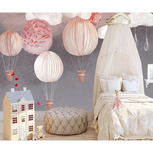 Paper Hot Air Balloon and Lanterns Kids Removable Wallpaper Pink H114