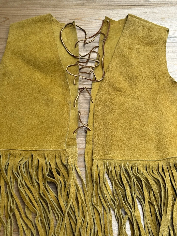 Yellow Handmade Suede Western Fringe Vest Large - Image 3 of 4