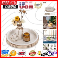 Decorative Serving Tray Wood: White Washed Bead Round Tray Decor for Coffee T...