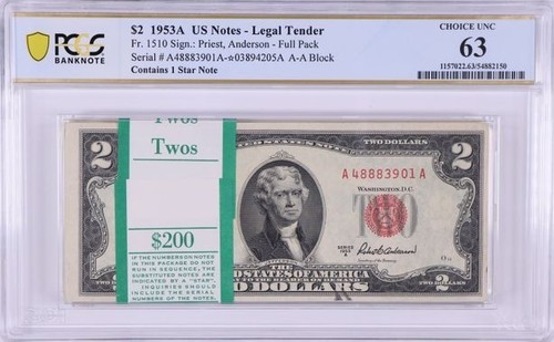 FULL PACK 100 SEQUENTIAL 1953B $2 RED SEAL NOTES UNC PCGS 63 Legal Tender