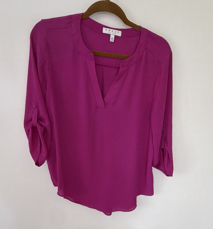 Chaus New York Pink Solid V-Neck Roll Tab 3/4 Sleeve Pleated Blouse, M