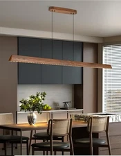 59" Wood Linear Pendant Light, Dimmable Kitchen Island Lighting with Remote, ...