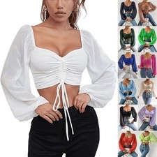 Womens Beach Summer Low Cut Crop Tops V Neck Stretch Party Holiday Shirts Blouse