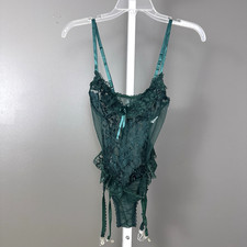 Vintage 80s Juliara Garter Teddy Medium Small Green Lace Sheer Mesh Lingerie