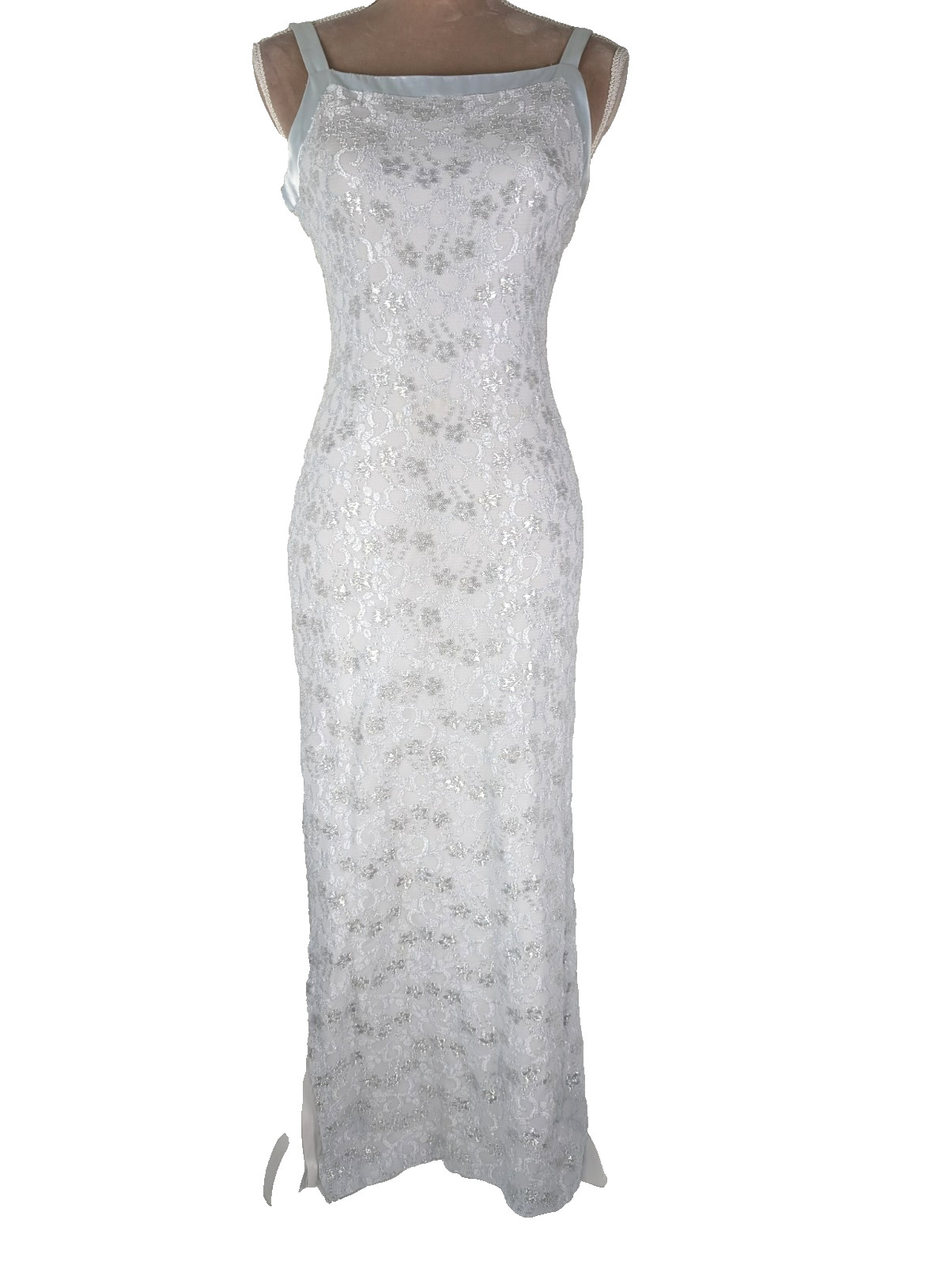 Vtg 90s Y2K Rampage Slip Maxi Gown Dress Lace Ice Blue Ethereal Fairy Formal M