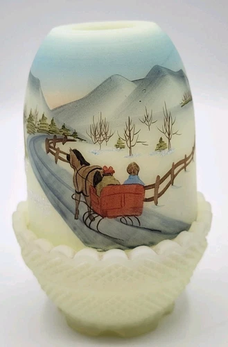 Vintage Fenton Art Glass Signed 1980 Handpainted "Going Home" Custard Fairy Lamp