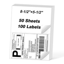 8.5x5.5 2-Up Half-Page Adhesive Labels for 8.5" X 5.5"  50 sheets, White