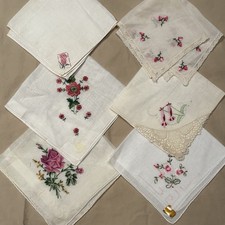 Vtg Lot Of 6 Embroidered Hankies Handkerchief Floral Pink Roses Crafts Cutter 8