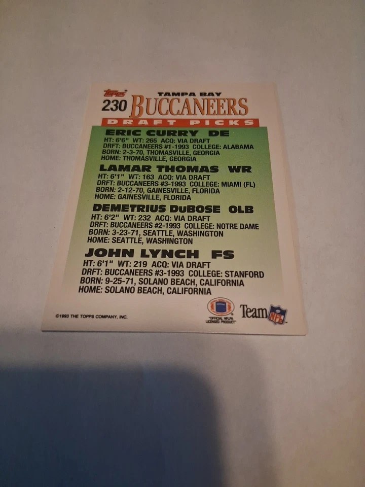 1993 Topps Bucs Draft Picks John Lynch etc... *Rookie* - Image 2 of 4