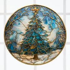 Elegant Christmas Tree Faux Stained Glass WINDOW CLING Size 8" Round Vinyl