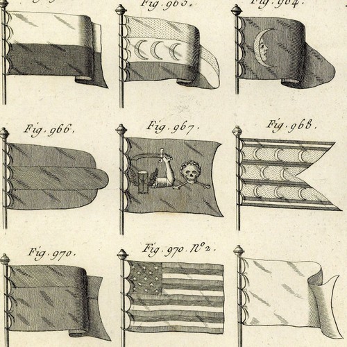 Marine Pavillons Drapeaux Pirate - Gravure originale Panckoucke XVIIIe