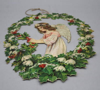 Altes Oblatenbild Engel im Winterkranz Weihnachten Sammelbild  17,5 x 14,5 cm (1