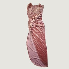 Women's Ruched Velvet V-Neck Maxi Dress Small Mauve Pink High Slit Z90