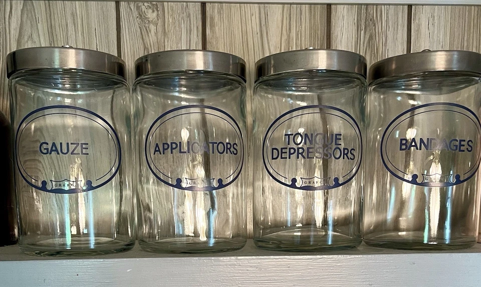 4 botes médicos Glasco con tapas de acero inoxidable gasa, depresores en T, etc. Foto 4 de 4