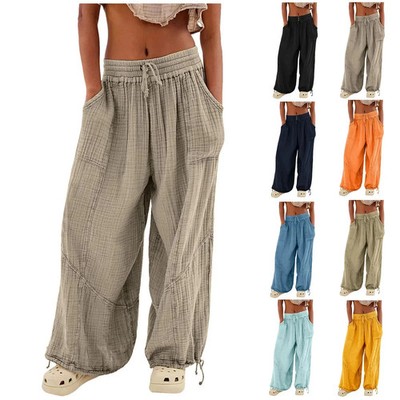 Beach Linen Pants Women Wide Leg Harem Pant High Waist Button Drawstring Palazzo