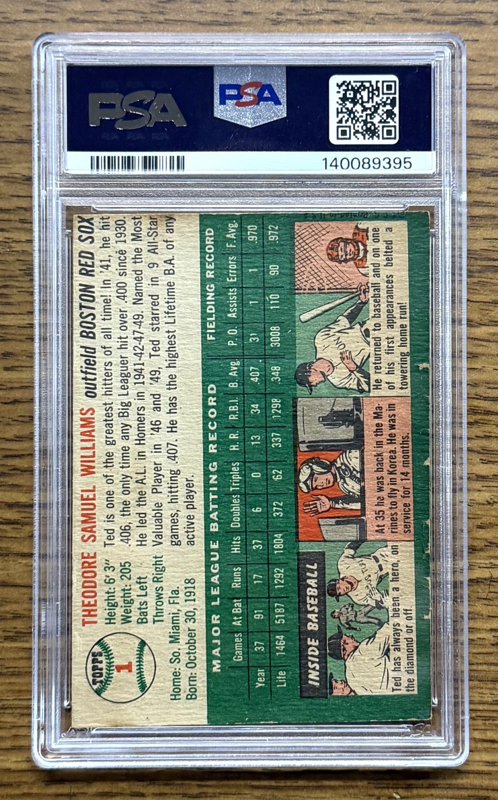 1954 Topps #1 Ted Williams PSA Just Graded HOF Boston Red Sox No Major Creases view 2