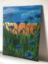 КАРТИНА ВОЛОШКИ КВІТИ ПОЛЕ ПОЛОТНО НА КАРТОНІ  АКРИЛ ПОЗОЛОТА ЕКСКЛЮЗИВ ОРИГІНАЛ