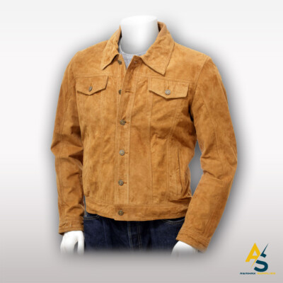 Herren hellbraune Wildleder Trucker Jacke Western klassisch Rindsveloursleder Jeansoptik