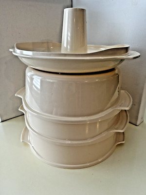 Vintage Tupperware Tupperwave Stack Cooker Steamer Microwave 5 Pc Set Almond EUC