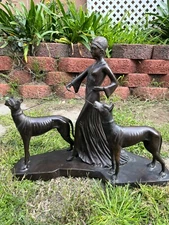 Vintage Bronze Art Deco Woman Walking 2 Dogs