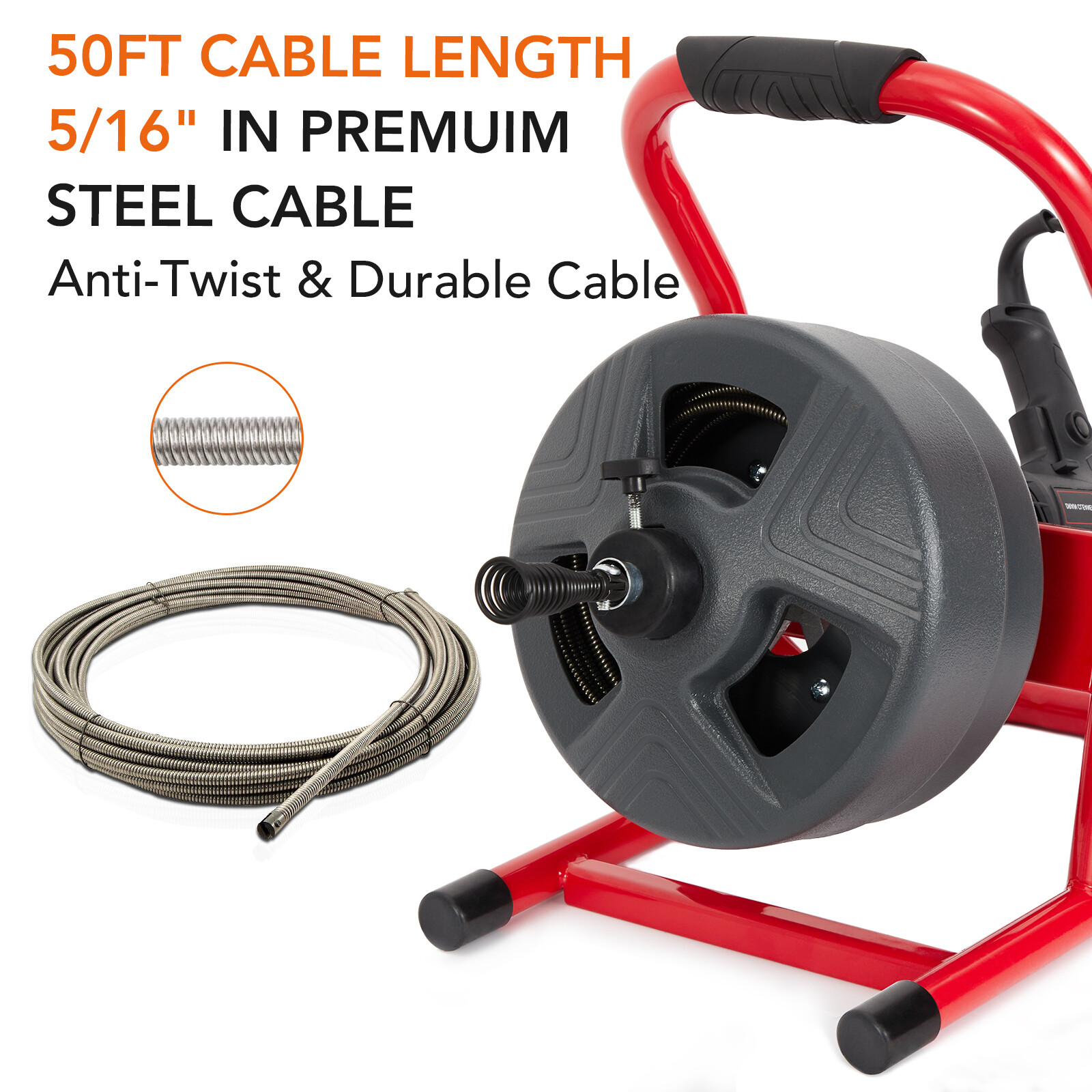 50FT 5/16" Drain Cleaner Electric Sewer Snake Cleaning Machine W/ Cutters&Gloves