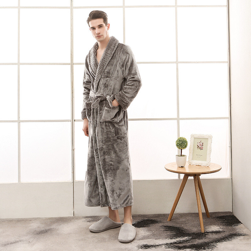 Luxury Men's Grey Fluffy Fleece Dressing Gown - Plush Comfort with Pockets
