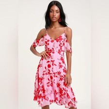 NWT! LULU’S Valorous Vera Pink Floral Print Midi Dress SMALL