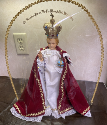 VINTAGE INFANT OF PRAGUE 12" JESUS STATUE CROWN ROBE CATHOLIC RELIGIOUS W/ COVER