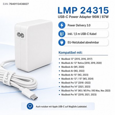 LMP USB-C Power Adapter 96W/ 87W, Ladegerät incl. USB-C Ladekabel 24315