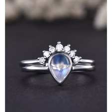 2.30 Ct Pear Cut Moonstone  MoissaniteTwin Ring 14K White Gold Plated