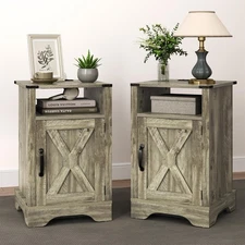 Set of 1 Farmhouse Nightstand, Grey End Table with Charging Station, Tall Bed...
