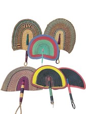 Six Vintage Handmade African Braided Straw Hand Fan