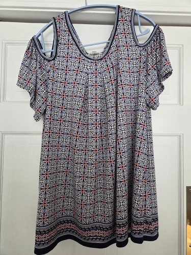 Max Studio L Large Blouse Top Cold Shoulder Stretchy Navy Blue Red Ivory