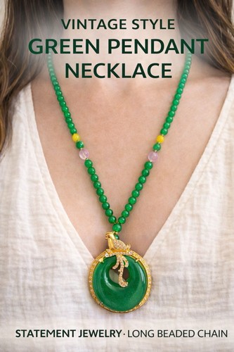 Vintage Style Green Pendant Necklace | Long Beaded Chain Statement Jewelry