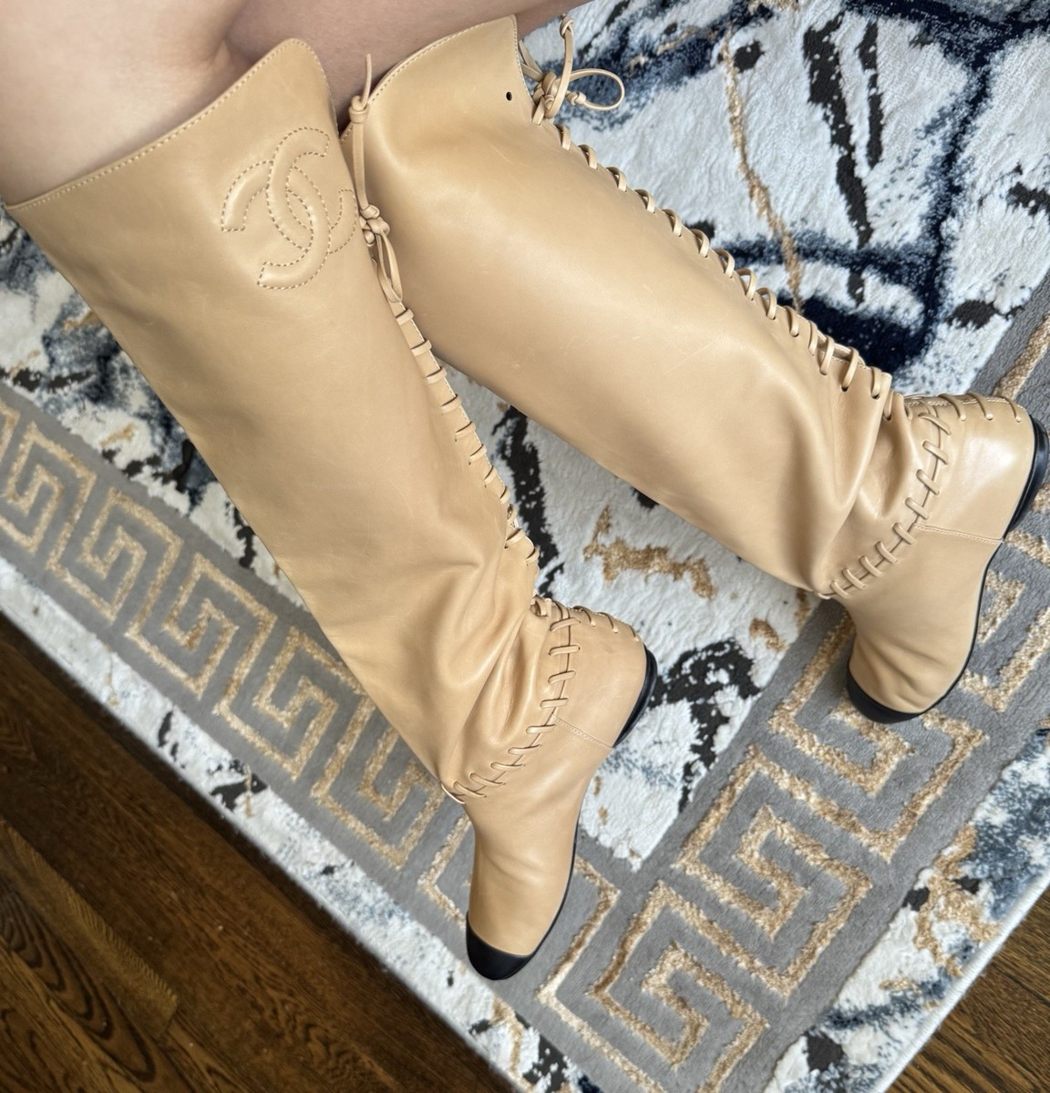 Chanel Beige Tan Black Whipstitch Knee High Cc Logo Boots