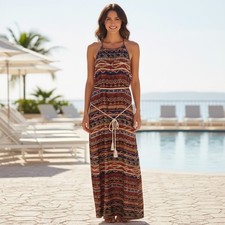 Karen Kane Canyonland Halter Maxi Dress Ethereal Tribal Resortwear Aztec M NEW