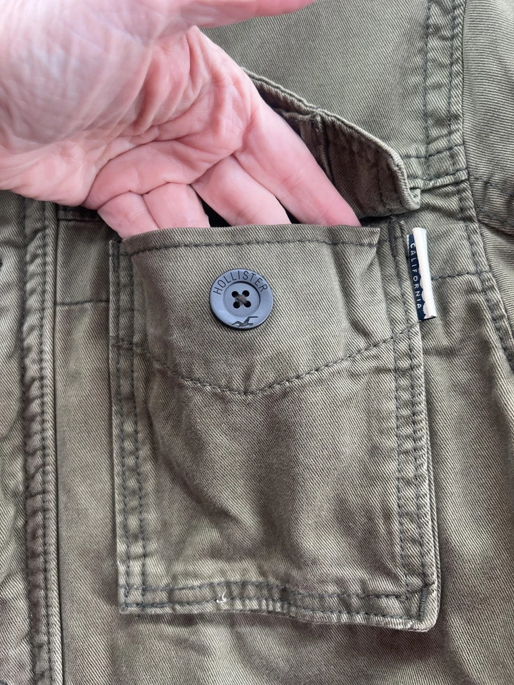 Chaqueta Hollister Para Hombre Grande Verde Oliva Campo Utilidad Militar Algodón Cremallera Botón Foto 3 de 4